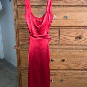 red silky pencil dress, knee length, open back, size small, from Privy